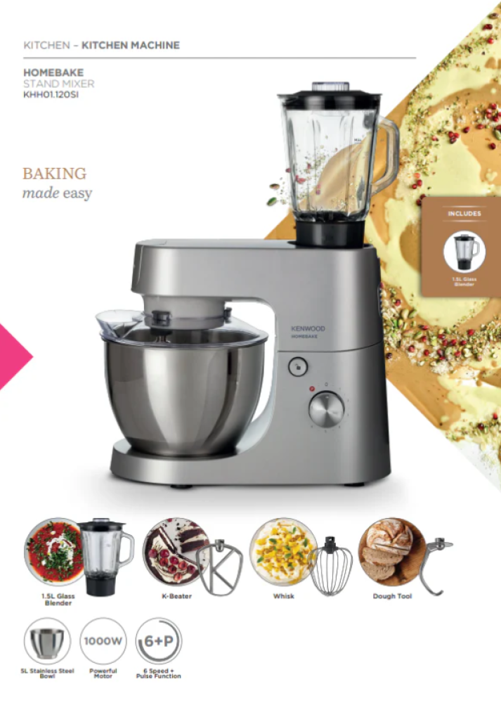 Kenwood 5L Stand Mixer + Blender – 1400W Kitchen Machine KHH01.120SI – Stainless Steel Bowl, K-Beater, Whisk & Dough Hook – Silver