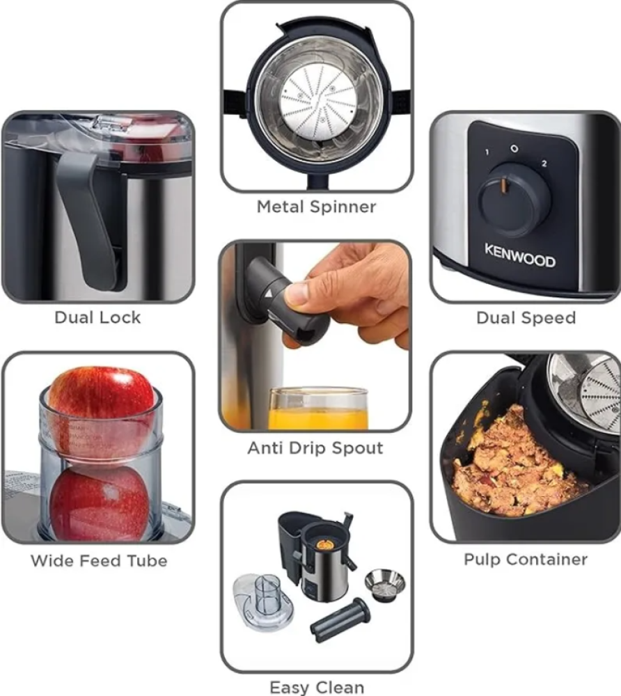 Kenwood Stainless Steel Juice Extractor – 700W – Wide Feed Tube + Anti-Drip – JEM51 (Grey/Silver)