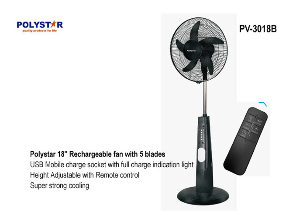 POLYSTAR 18″ RECHARGEABLE STANDING FAN – PV-3018B-USB