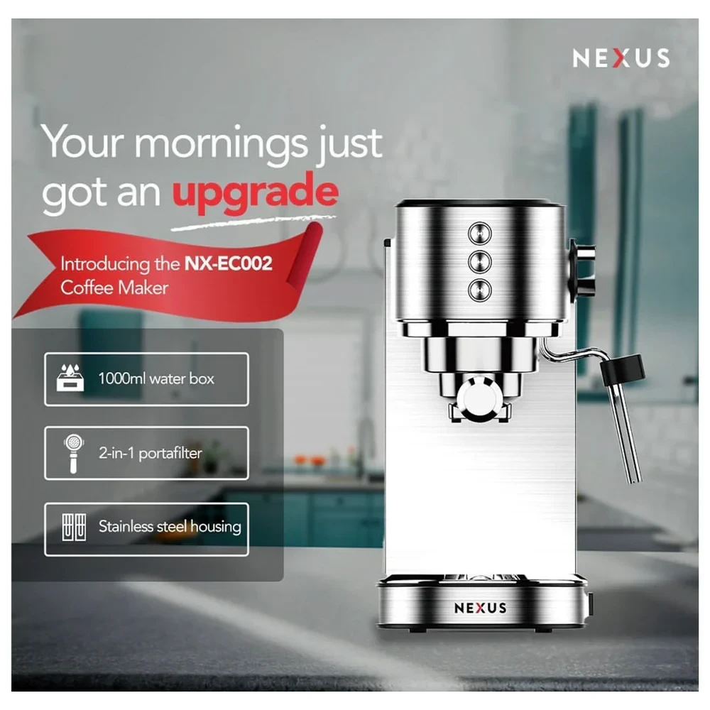 Nexus Espresso Coffee Maker NX-EC002 – 15-Bar Pressure Pump, 1200W, Stainless Steel Body