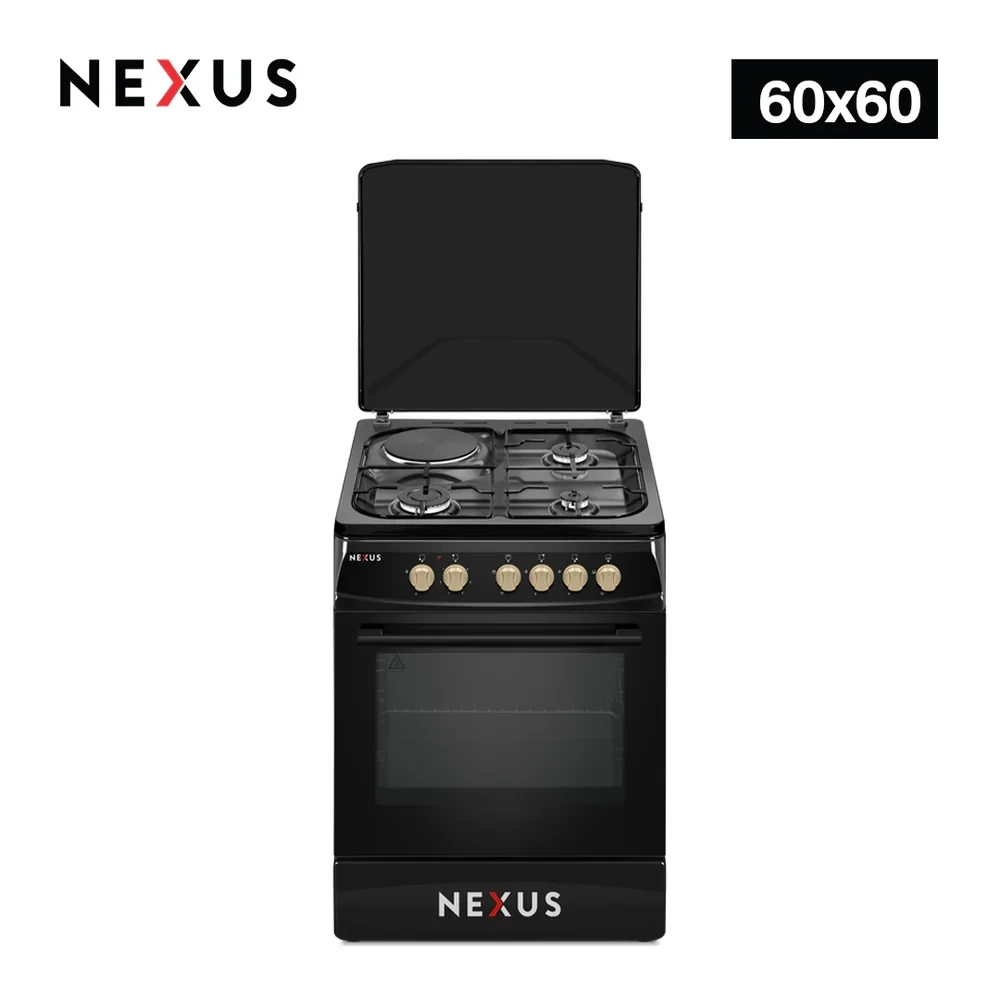 Nexus NX-6004 (60×60) Standing Gas Cooker – 3 Gas Burners + 1 Electric Plate, Multi-Function Oven, Black
