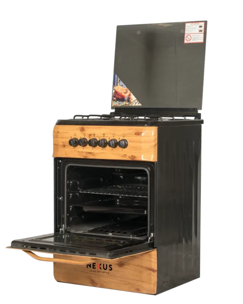 Nexus NX-6003W (60×60) Standing Gas Cooker – 4 Gas Burners + Gas Oven, Wood Finish Look
