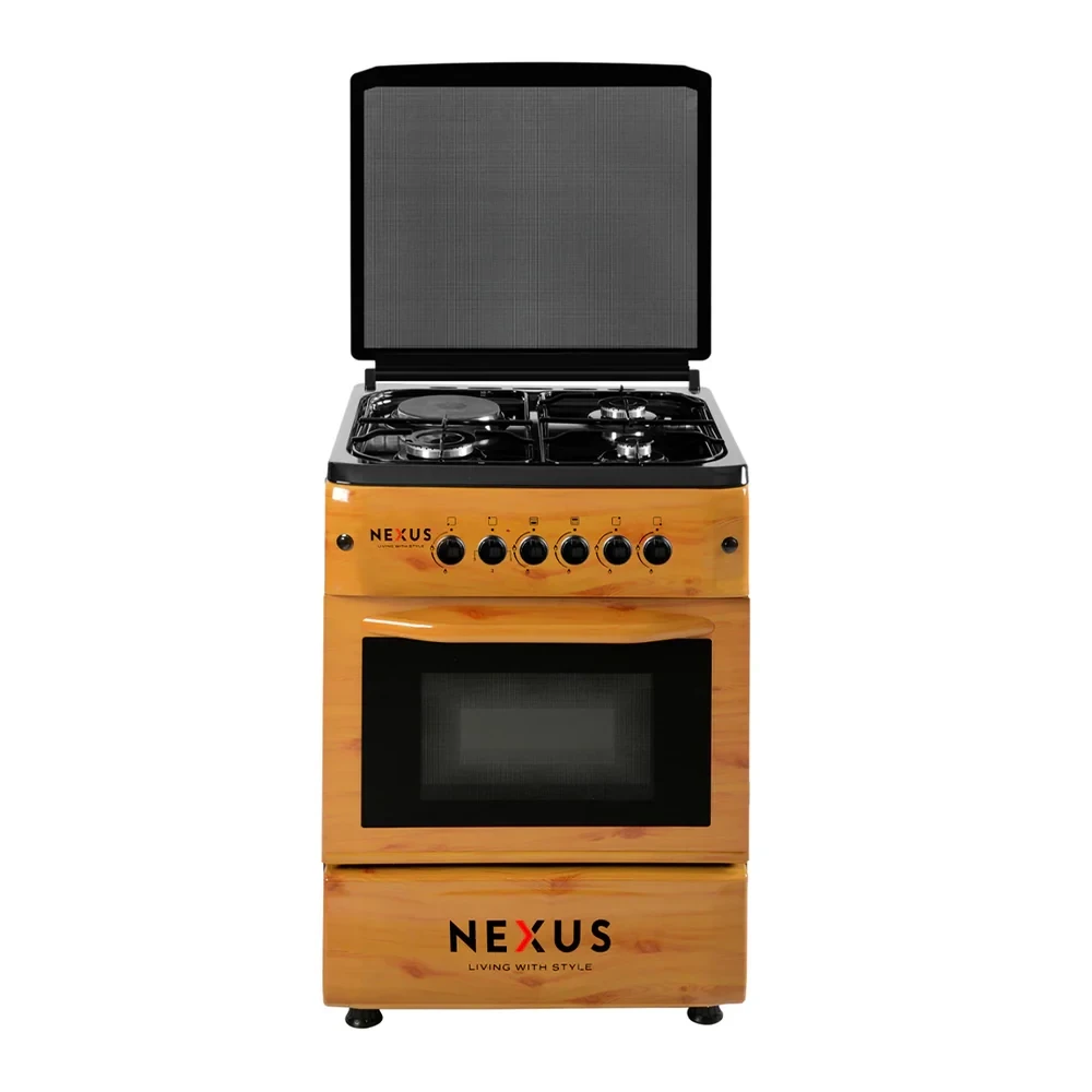 Nexus NX-6004 (60×60) Gas Cooker – 3 Gas Burners + 1 Electric Hot Plate, Wood Finish