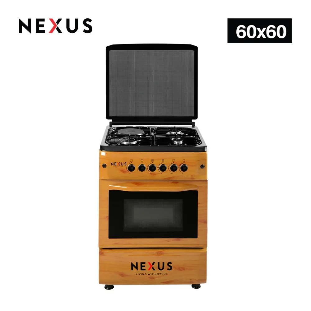 Nexus NX-6004 (60×60) Gas Cooker – 3 Gas Burners + 1 Electric Hot Plate, Wood Finish