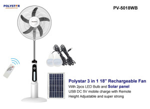 Polystar 18" Rechargeable Standing Fan with Solar Panel & Bulb | PV-5018B