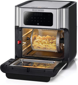 BLACK+DECKER 12L Air Fryer Oven, 1500W with Rapid Air Convection Technology, Digital Temperature Control, 90-Minute Timer, 10 Pre-Set Modes, Family-Sized Capacity, Oil-Free Cooking, Sliver - AOF100-B5