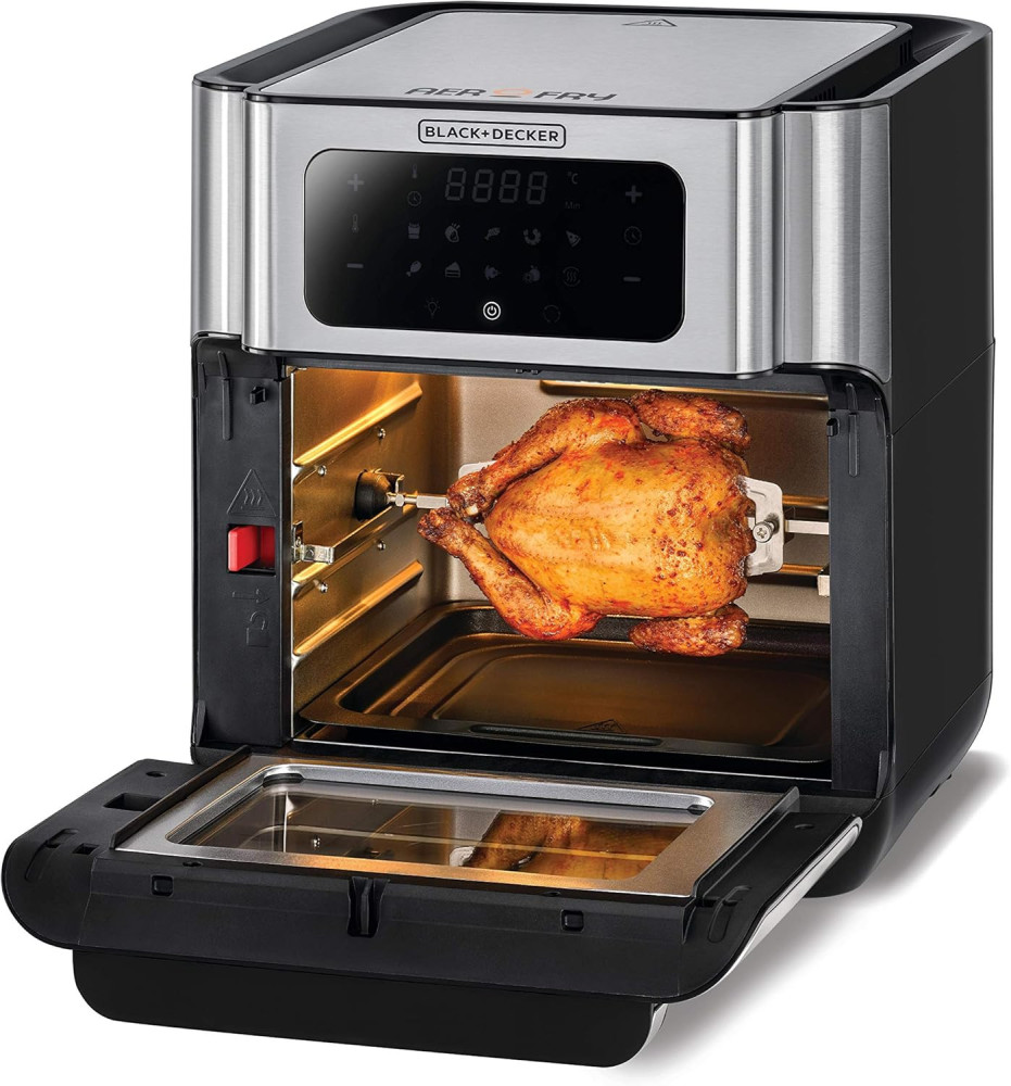 BLACK+DECKER 12L Air Fryer Oven, 1500W with Rapid Air Convection Technology, Digital Temperature Control, 90-Minute Timer, 10 Pre-Set Modes, Family-Sized Capacity, Oil-Free Cooking, Sliver - AOF100-B5