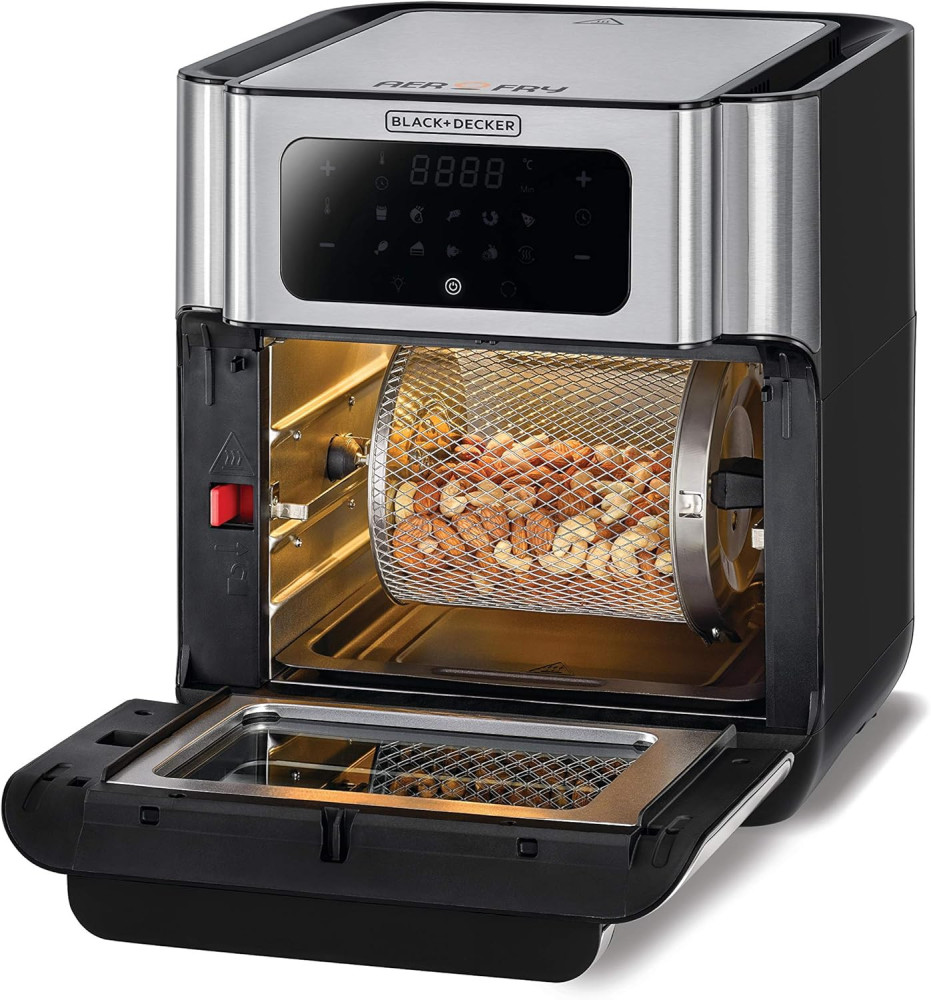 BLACK+DECKER 12L Air Fryer Oven, 1500W with Rapid Air Convection Technology, Digital Temperature Control, 90-Minute Timer, 10 Pre-Set Modes, Family-Sized Capacity, Oil-Free Cooking, Sliver - AOF100-B5