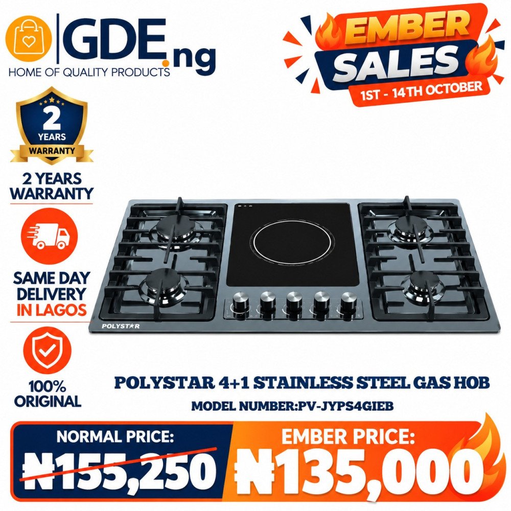 Polystar 4+1 Stainless Steel Gas Hob PV-JYPS4G1EB - Electric Ignition, Hot Plate