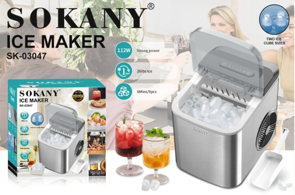 Sokany SK-03047 Ice Maker 1.5L Fast Ice Stainless Steel