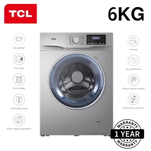 TCL 6KG Front Load Washing Machine – Silver (F606FLS), 16 Programs, Drum Clean, Child Lock