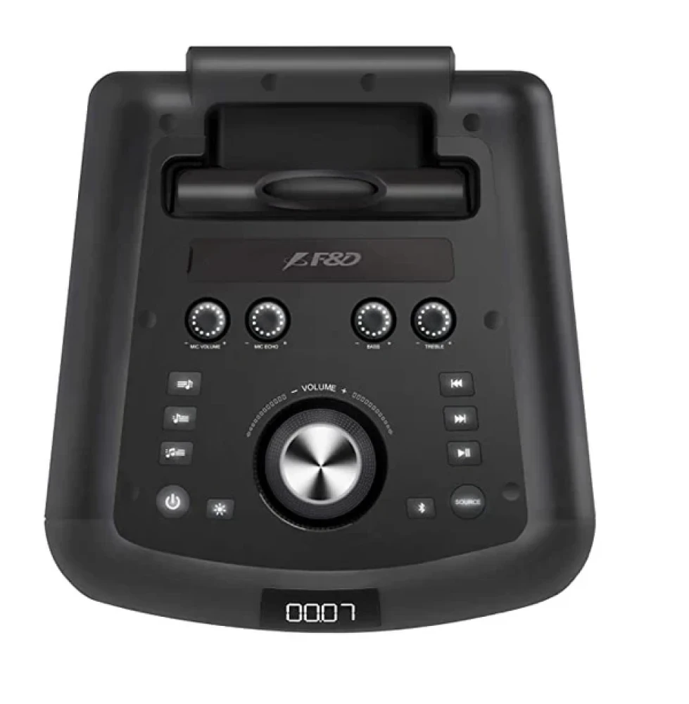 F&D PA300 100W Portable Party Speaker with 7-Inch Bass Driver, Bluetooth, USB, FM, and Wireless Mic – Black