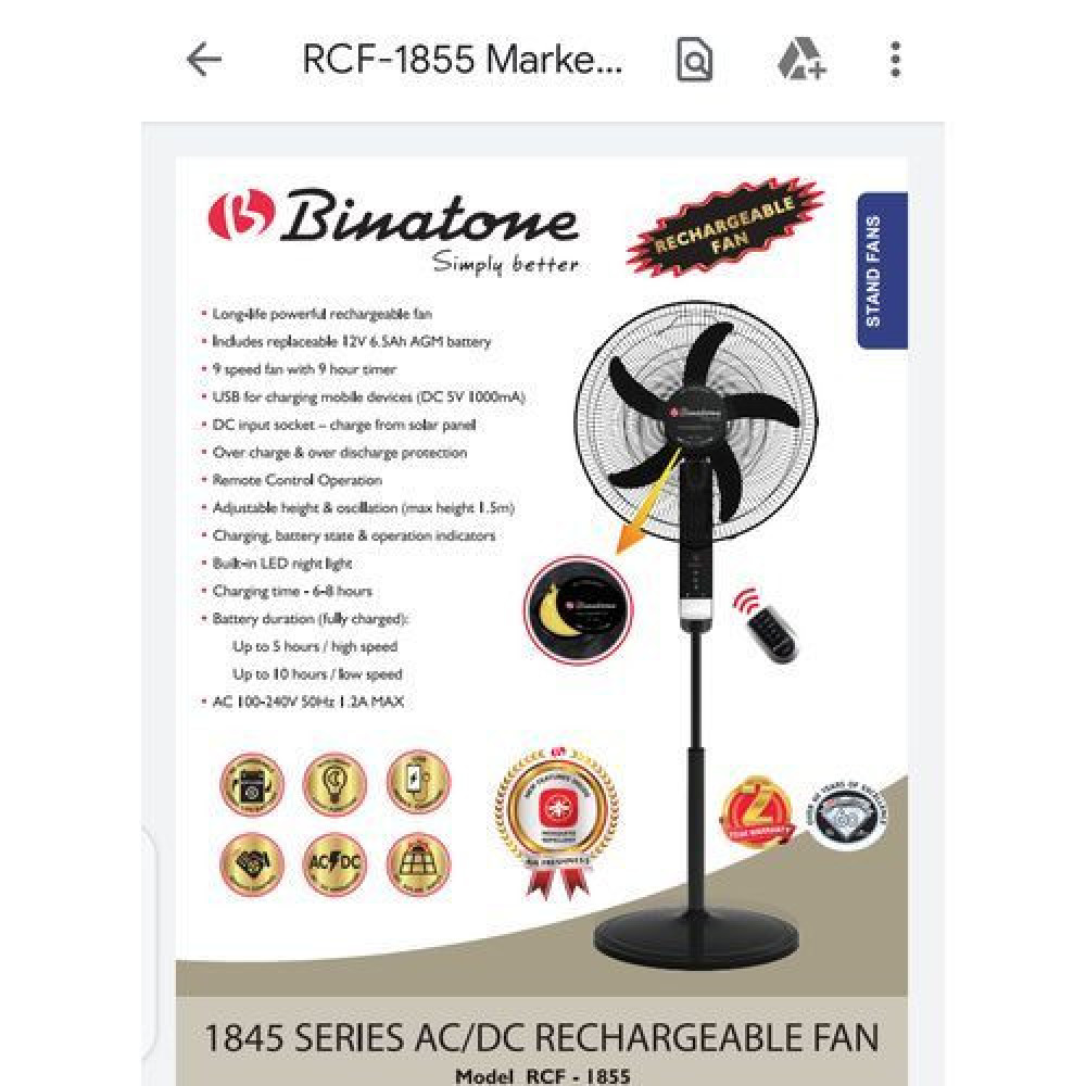 Binatone RCF-1855 18" Rechargeable Standing Fan – 9 Speeds, Remote Control, Solar Charging & USB Output