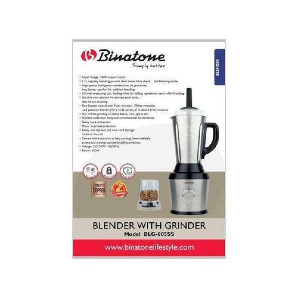 Binatone BLG-605SS 1.5L Stainless Steel Blender & Grinder – 500W Copper Motor, Ice-Crushing Blades for Smoothies & Tough Grinding