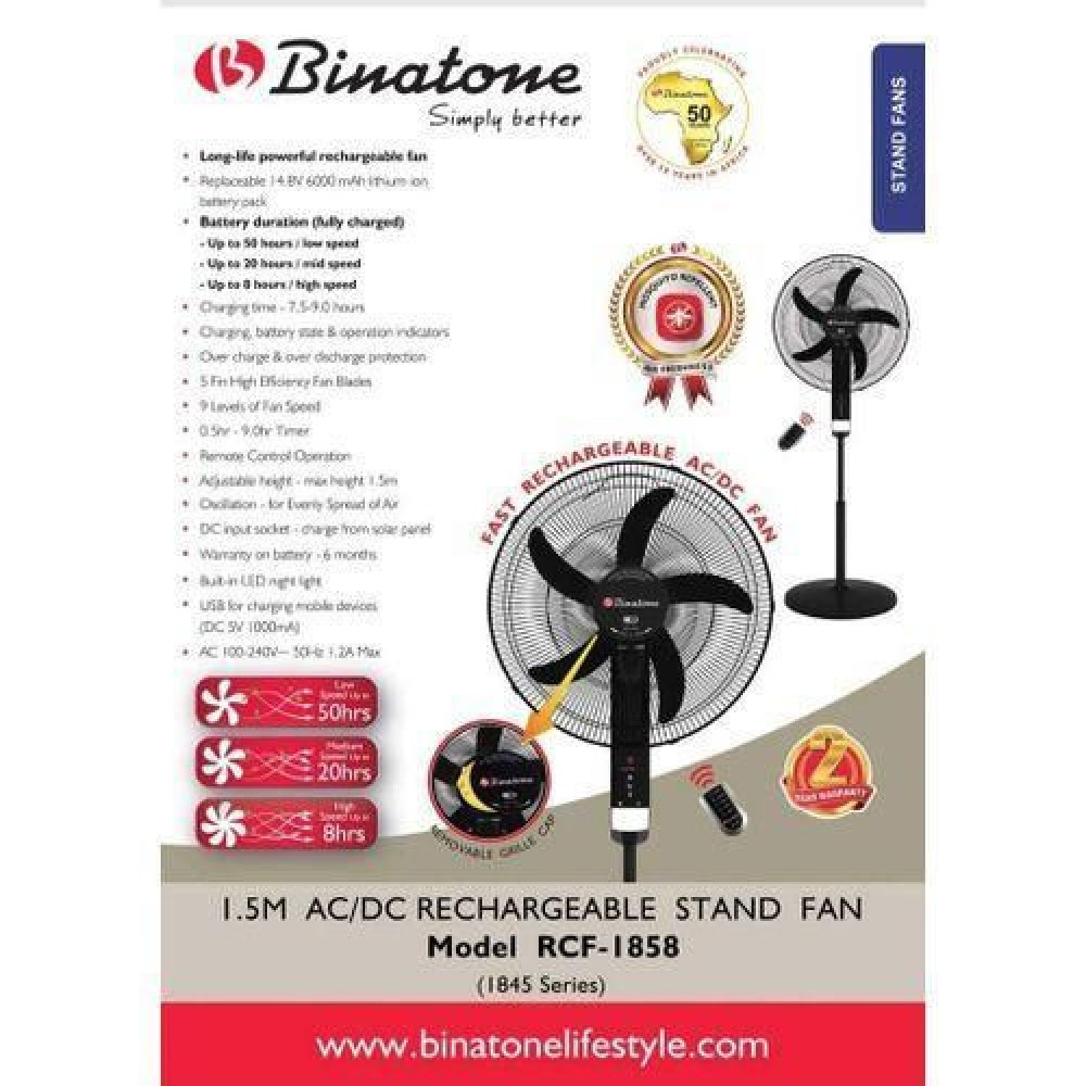 Binatone RCF-1858 18" Rechargeable Standing Fan – Up to 50 Hours Backup, Remote Control, USB Charging & LED Light