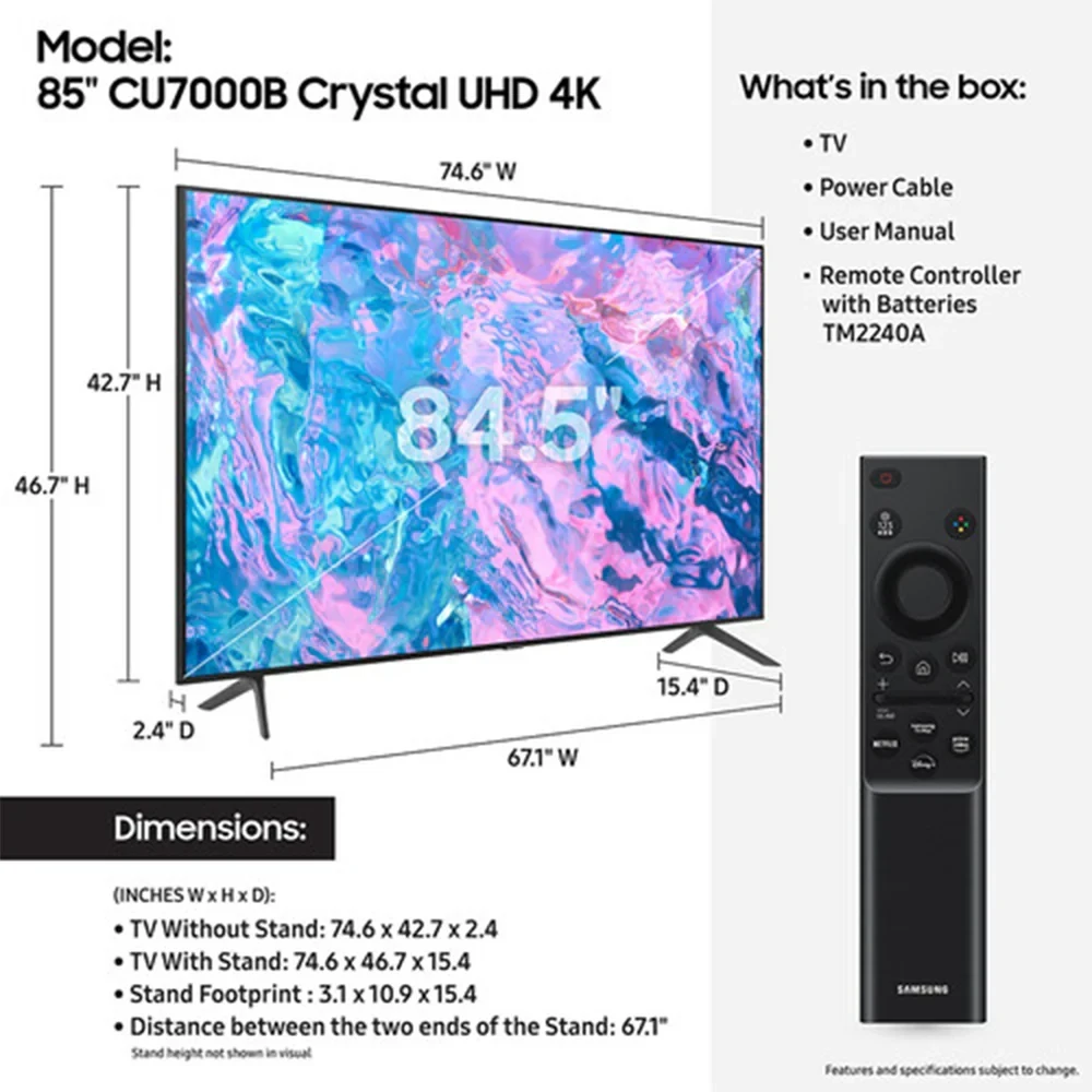 Samsung 85-Inch 4K Crystal UHD Smart TV (UA85CU7000UXKE, 2023)