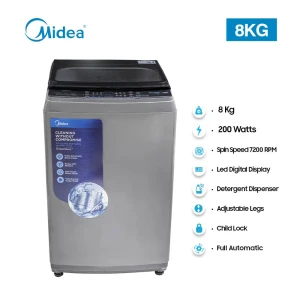 MIDEA 8kg Inverter Top-Load Washing Machine – LED Display & High Spin (Model MA200W80/G, White)