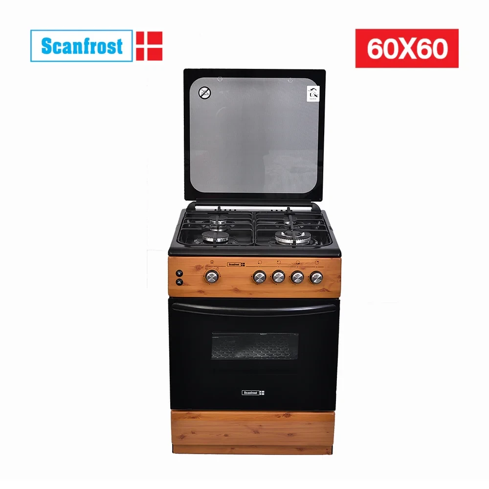 SCANFROST 60×60 CM 4-Burner Gas Cooker – Wood Finish Oven & Grill (CK6402NG)
