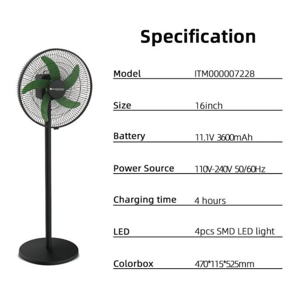 Smartvolt 16" 5in1 Rechargeable Standing Fan Multipurpose - Remote & Manually Operated - ITM000007228 - White