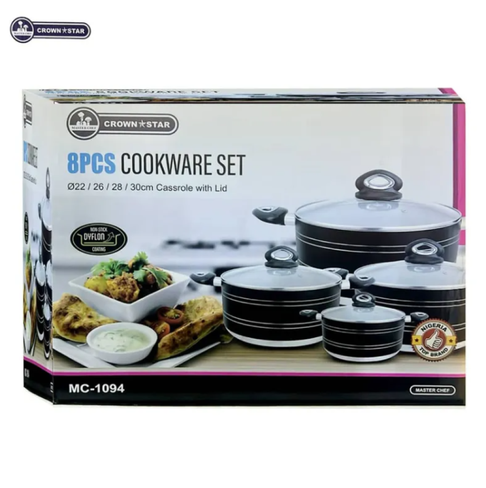 Master Chef 8-Piece Non-Stick Cookware Set MC-1094 | Dyflon-Coated Casseroles with Glass Lids (22cm–30cm)