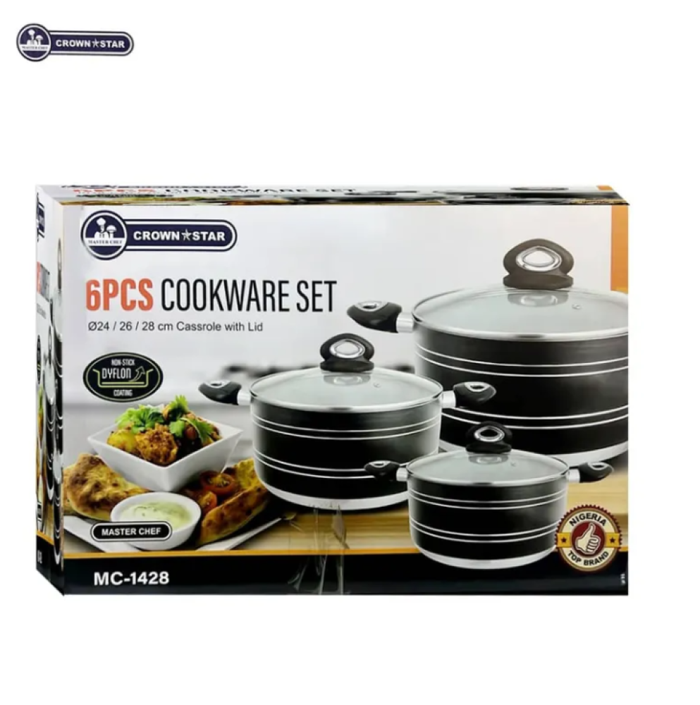 Master Chef 6-Piece Non-Stick Cookware Set MC-1428 | 24cm, 26cm & 28cm Casseroles with Lids