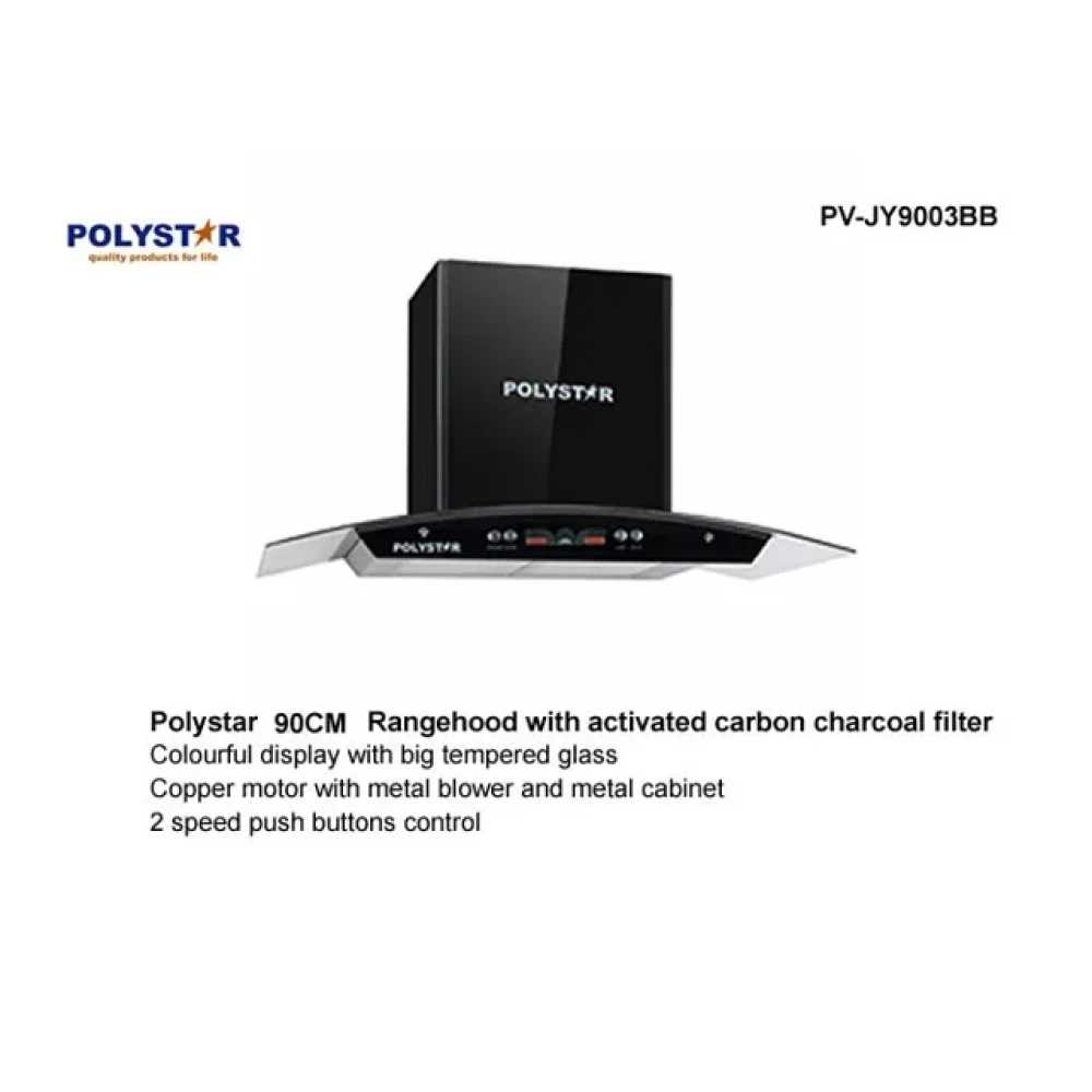 Polystar 90cm Chimney Range Hood PV-JY9003BB - Digital Display Timer, Metal Motor