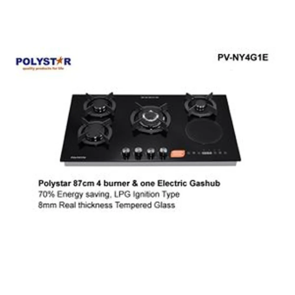 Polystar 4+1 Gas Hob PV-NY4G1E - 8mm Tempered Glass, Electric Hot Plate - GDE NG