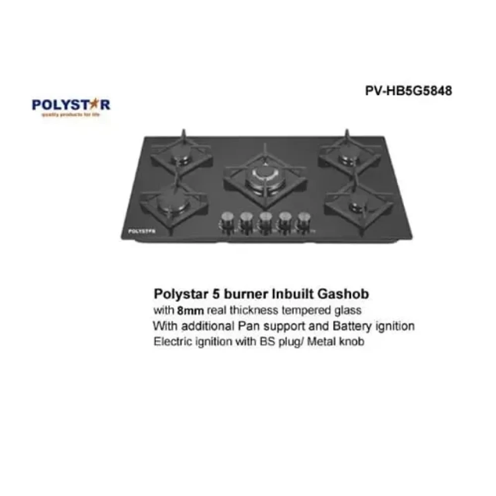 Polystar 5 Burner Built-in Gas Hob PV-HB5G5848 - 7mm Tempered Glass Top with Electric Ignition & Cast Iron Pan Support