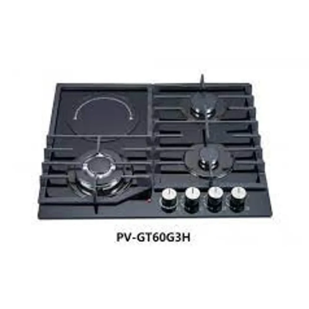 Polystar 3-Burner + 1 Hot Plate Glass Table Gas Hob PV-GT60G3H – Dual Fuel, Heavy Cast Iron Support