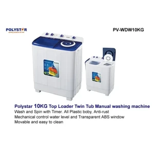 Polystar 10KG Twin Tub Semi-Automatic Washing Machine PV-WDW10KG – Timer Function, Easy Clean Design