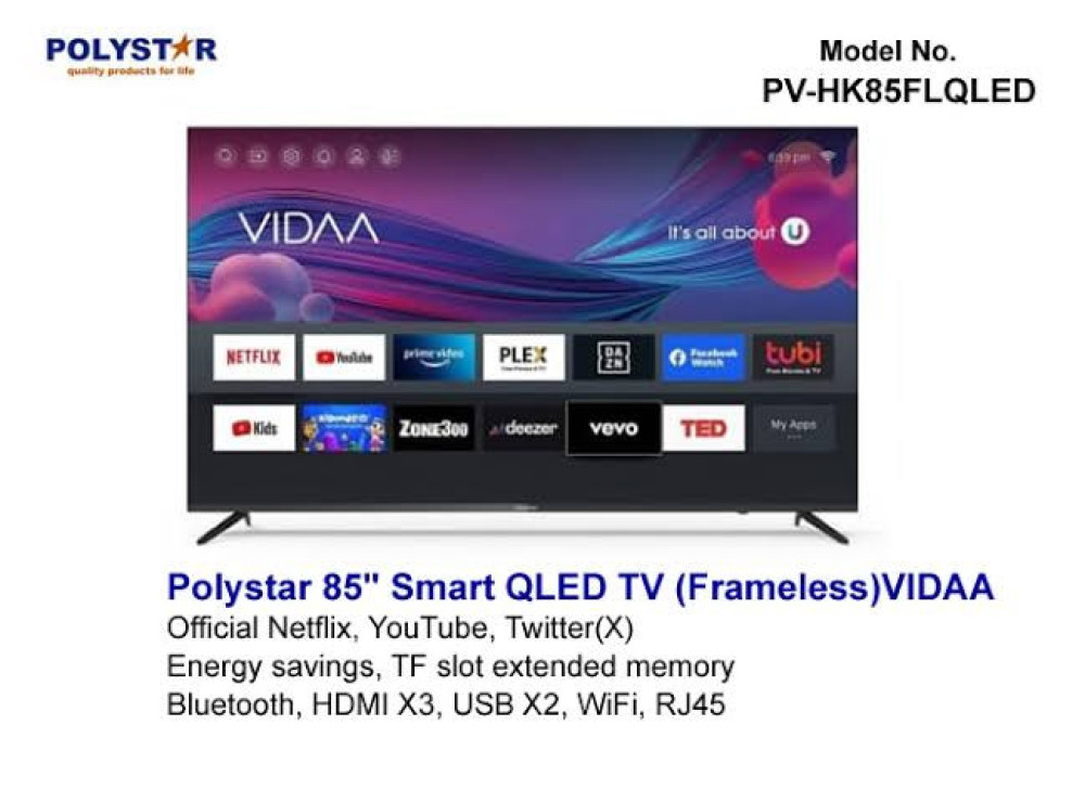 Polystar 85-Inch 4K QLED Smart TV PV-HK85FLQLED – Android 9.0, Netflix, YouTube, Thunder Sound