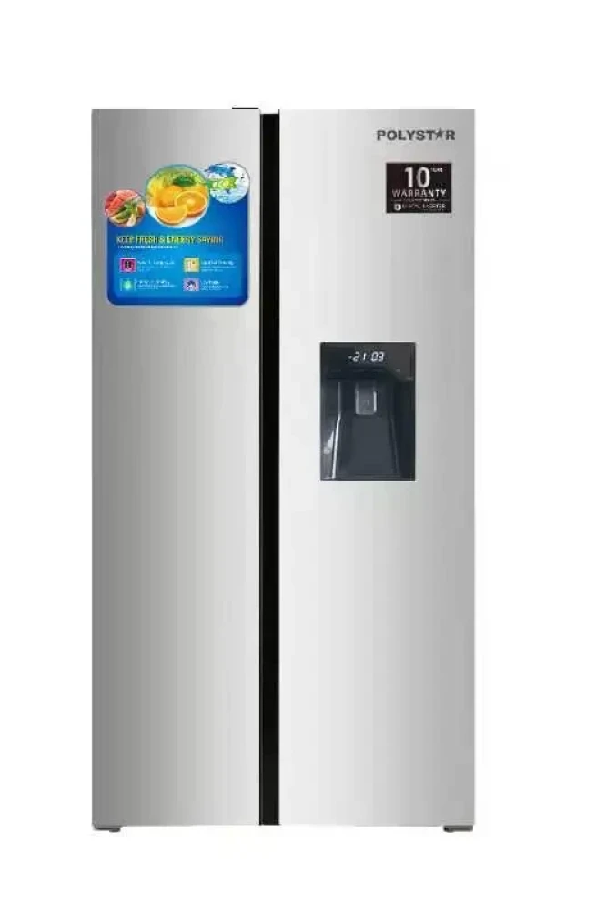 Polystar 620 L Side-by-Side Inverter Fridge (Model: PV-SBS776WD-INV) – Silver with Water Dispenser