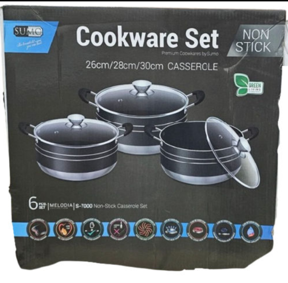 Sumo 6-Piece Non-Stick Cookware Set (S-7000) – 26cm, 28cm, 30cm Casserole Pots with Glass Lids