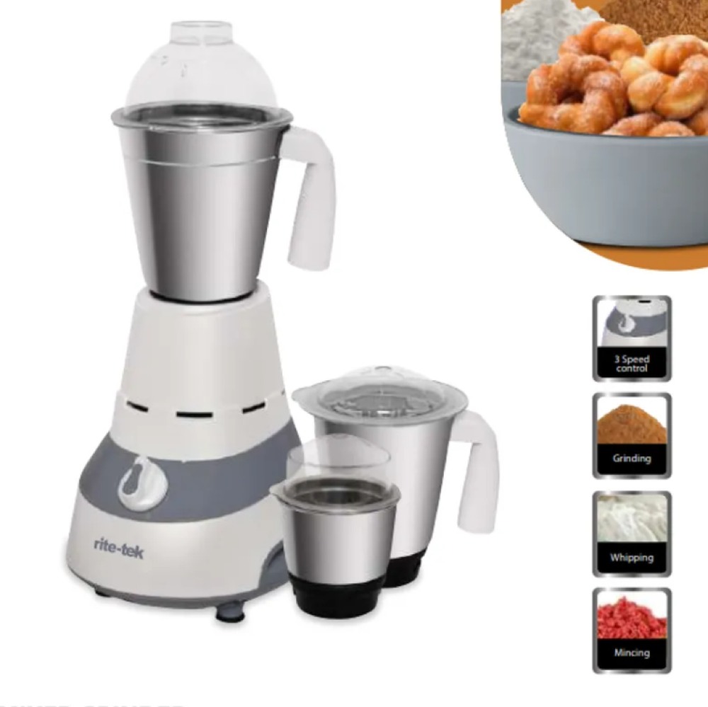 RiteTek MG-800 Mixer Grinder – 750W, 3 Stainless Steel Jars (0.8L, 1.2L, 1.8L), Wet & Dry Grinding, 3-Speed Control