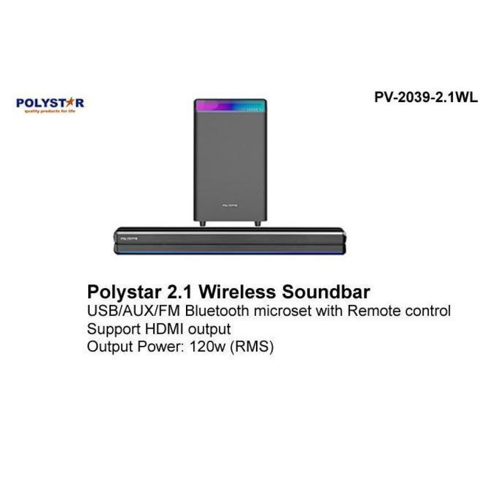 Polystar 2.1 Bluetooth Tower Soundbar System PV-2039-2.1WL – 120W, HDMI, Wireless, Remote Control