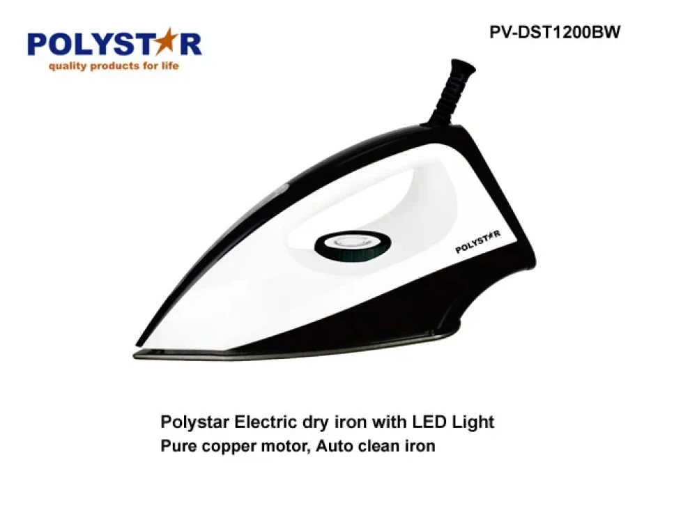 Polystar Electric Steam Iron PV-DST1200BW – Dry/Spray/Steam, LED Indicator, Non-Stick, Swivel Cord