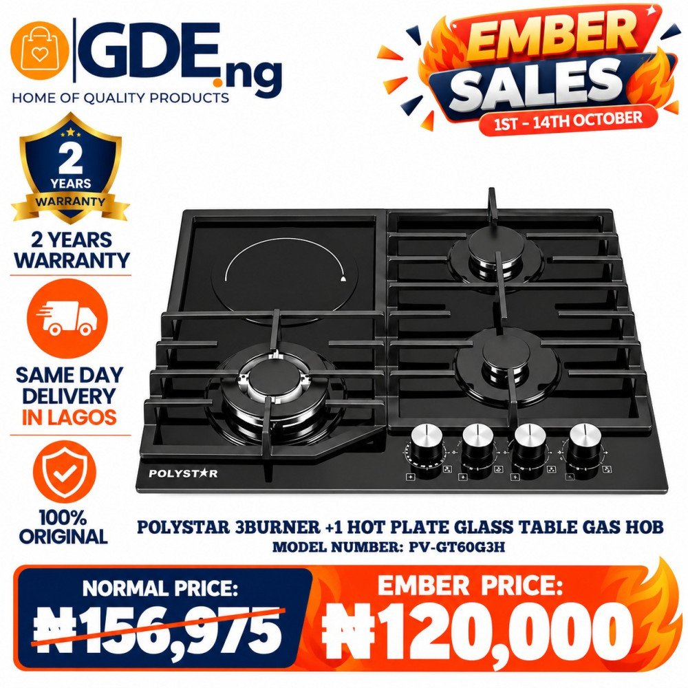 Polystar 3-Burner + 1 Hot Plate Glass Table Gas Hob PV-GT60G3H – Dual Fuel, Heavy Cast Iron Support