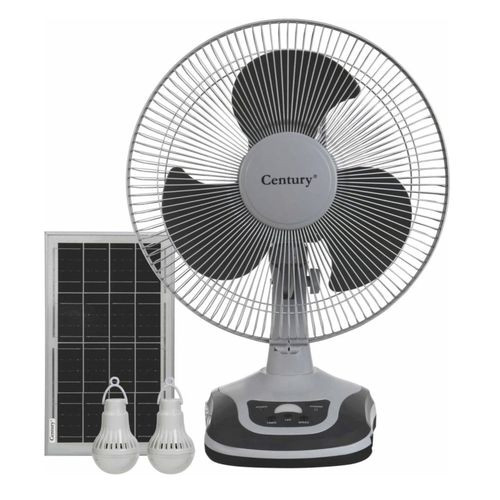 Century 12 - Inches Rechargeable Fan With Solar Panel & Two Bulbs